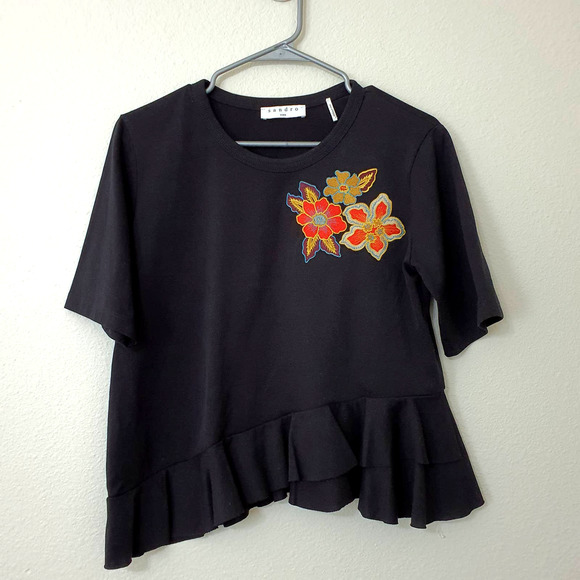 Sandro Paris Selena Embroidered Ruffle Asymmetric Peplum Top Women's Size S/M - Picture 2 of 8